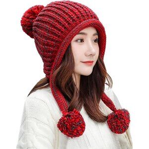 Women Red Winter Peruvian Cover Ears Beanie Hat Ear Flaps Sherpa Ski Snow